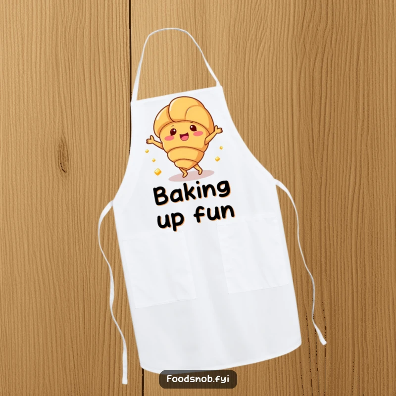 Funny apron showing a happy croissant character dancing with small butter pats, for kitchen activities.
