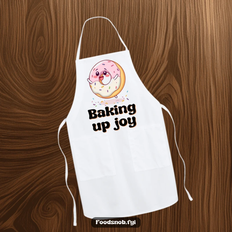 Funny delighted donut character spinning joyfully on sprinkles, printed on a baking apron.