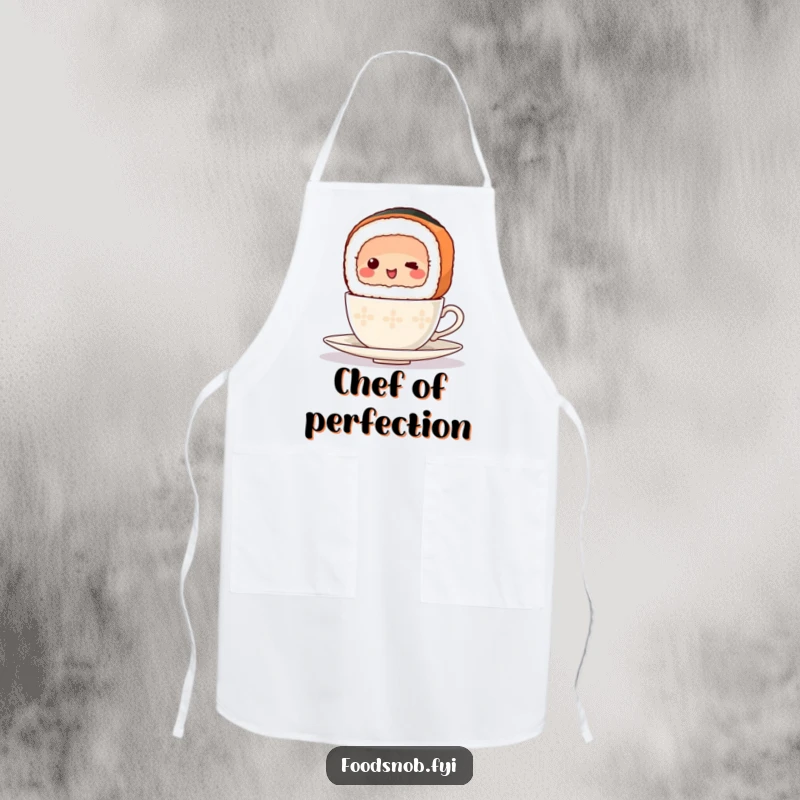 Funny Apron showing a happy sushi slice attempting to balance a miniature teacup, perfect for a humorous cooking experience.