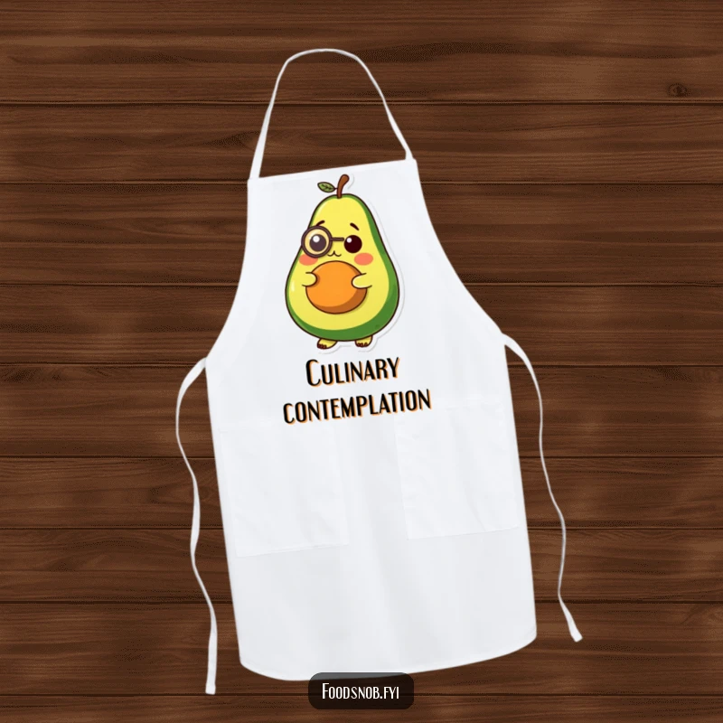 Funny kitchen apron, a plump avocado character with a tiny monocle, looking thoughtful, perfect for cooking.