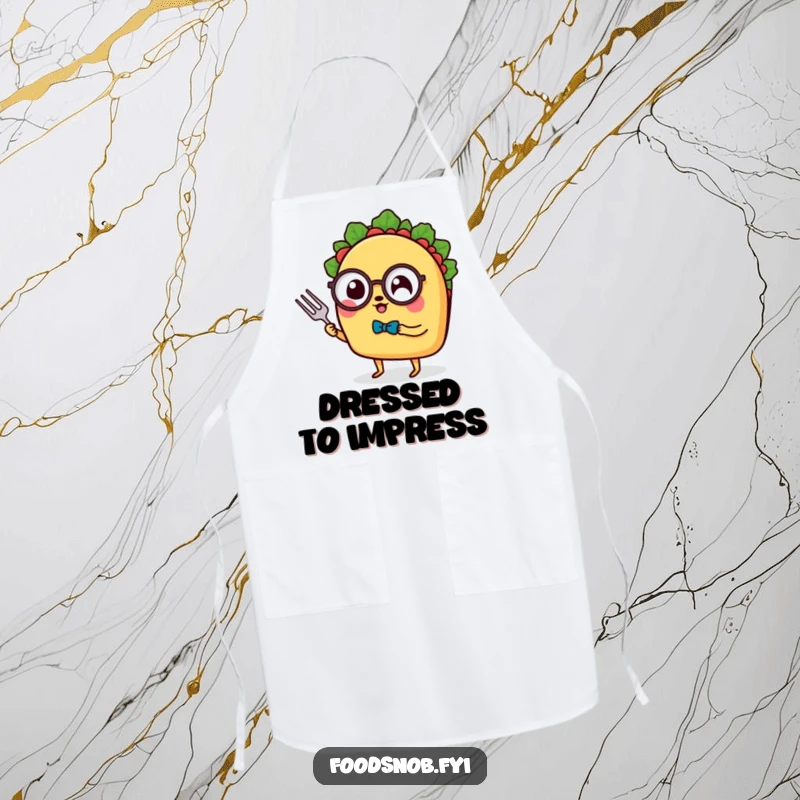 Funny Apron: A sophisticated taco with tiny legs, monocle, and fork, protecting a chef, ideal for a funny gift.