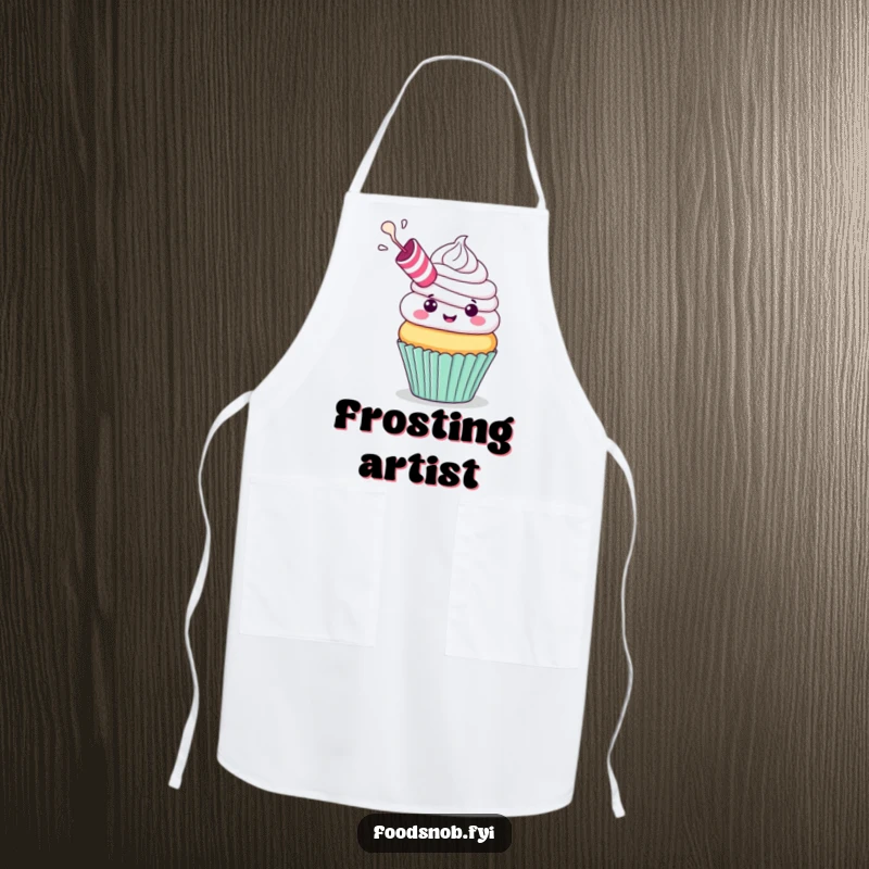 Funny Apron: A cheerful cupcake with a party blower exhaling frosting, perfect for bakers who love festivity and humor, funny gift.