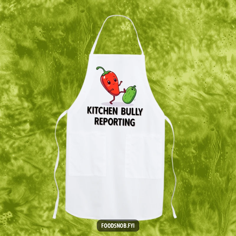 Funny Apron showing a vibrant red chili pepper with tiny legs comically kicking a small cucumber, perfect for a humorous cooking experience.