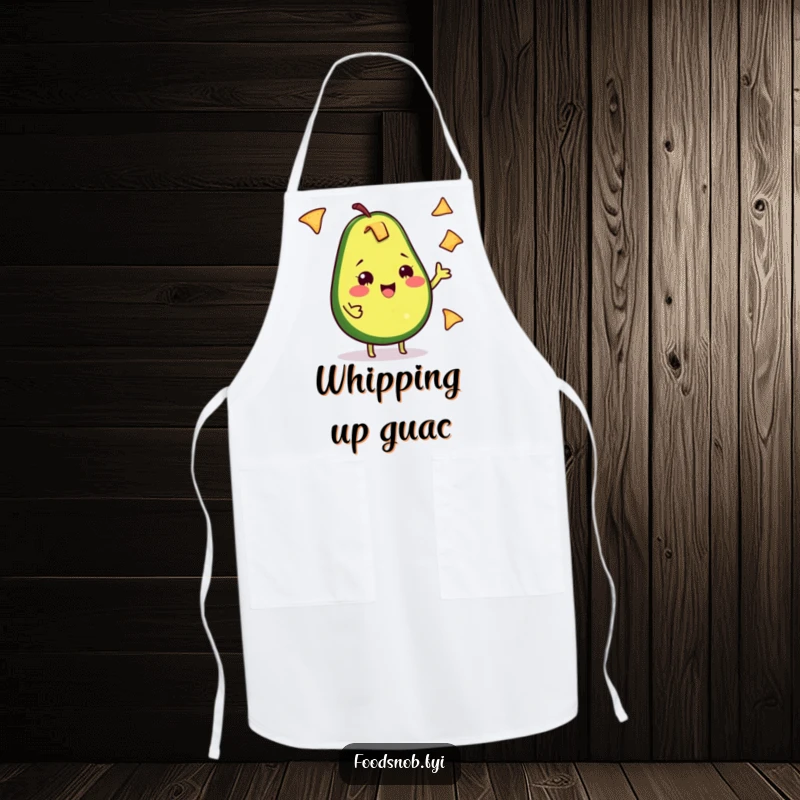 Funny Avocado Apron: A cheeky avocado happily juggles tiny tortilla chips, ready to bring fun to any kitchen task.