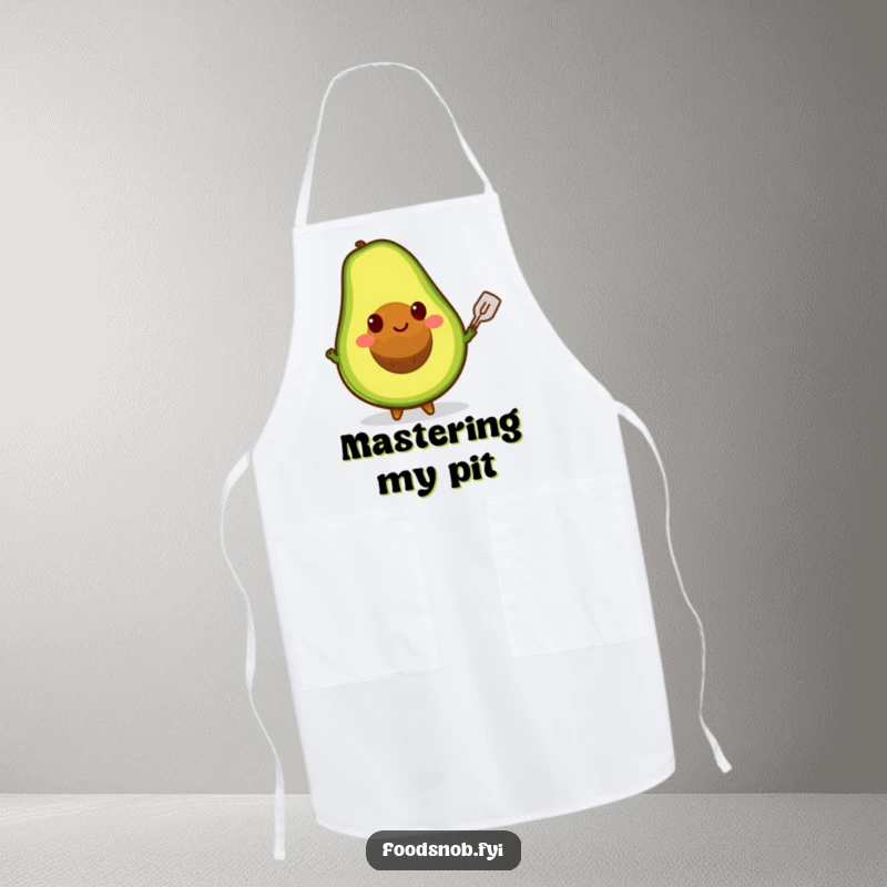 Funny apron featuring a happy avocado character balancing its pit on a tiny spatula, adding playful charm to cooking.
