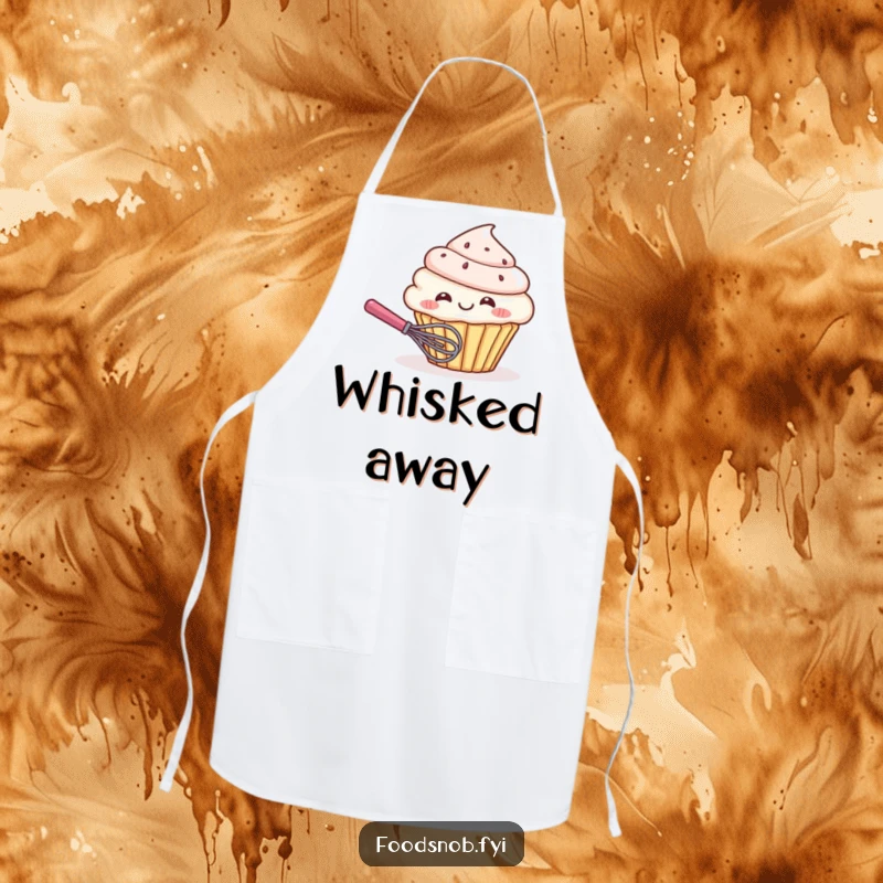 Funny apron showcasing a giggling cupcake character playfully hiding behind a tiny whisk, ready for sweet culinary creations with humorous charm.