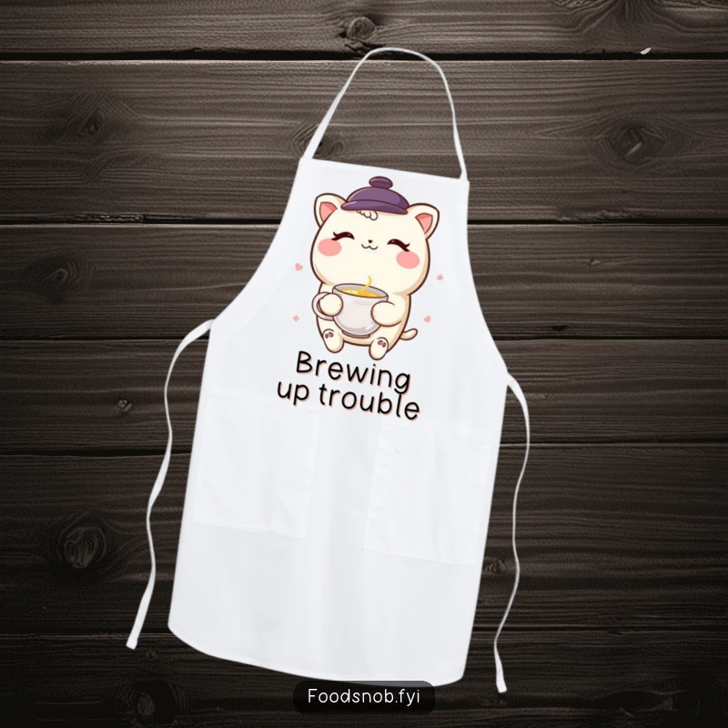 Funny smiling boba tea character winking with a miniature teacup while wearing a cute kitchen apron.