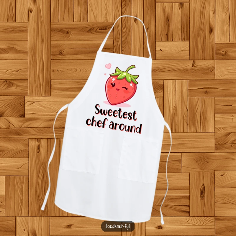 Funny apron featuring a bubbly strawberry character winking with sugar, perfect for kitchen fun and as a humorous cooking gift.