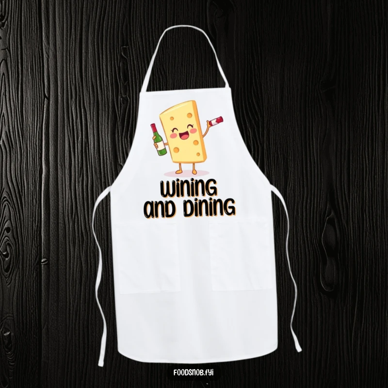 Funny gleeful cheese slice character holding a miniature wine bottle on a chef apron, perfect for cooking fun.