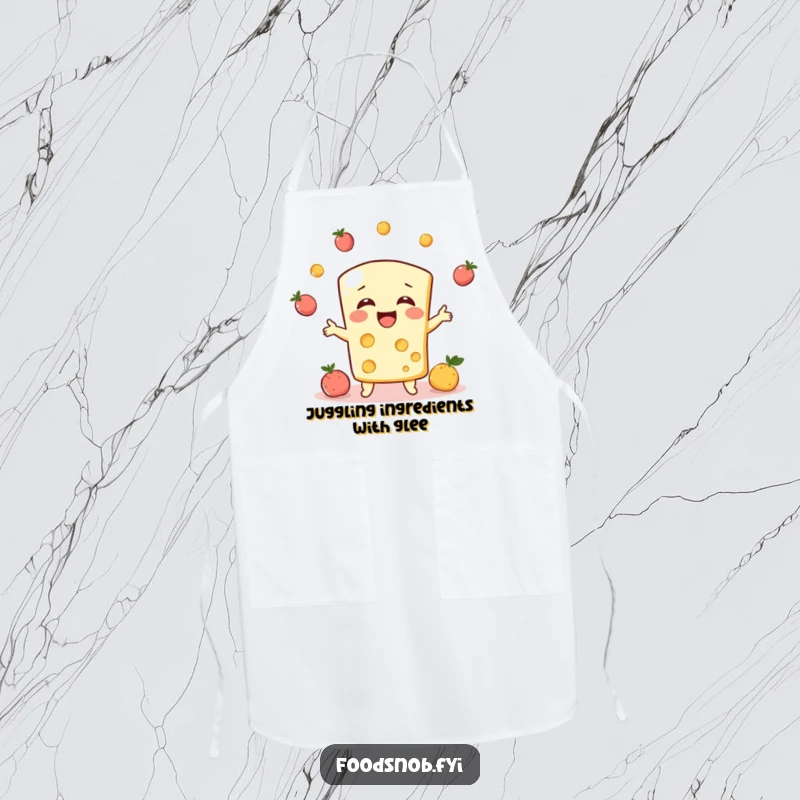 Funny kitchen apron, a bubbly cheese character giggling while juggling tiny fruits, perfect for cooking.