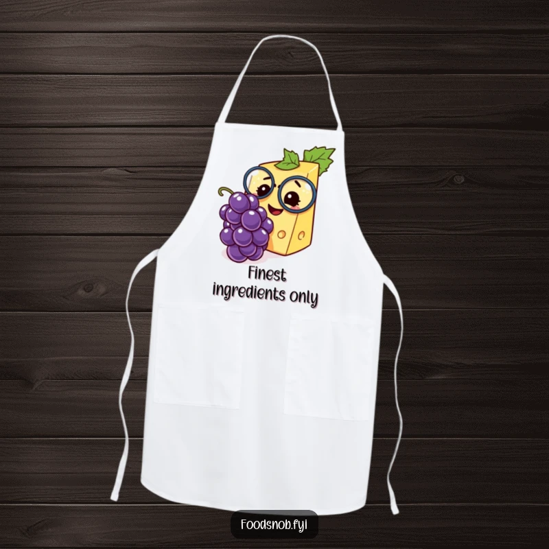 Funny apron showcasing a fancy cheese wedge with a monocle, joyfully inspecting a miniature grape, perfect for kitchen humor.
