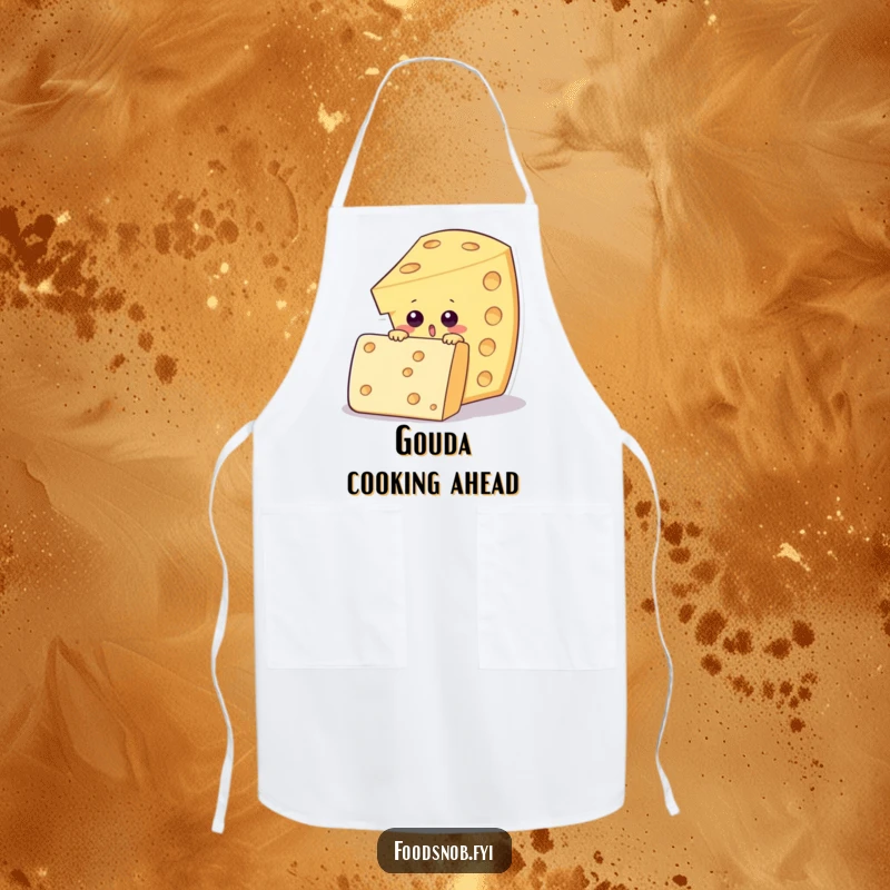 Funny apron with a surprised cheese wedge character peering over an enormous fancy cracker, ideal for humorous cooking sessions.