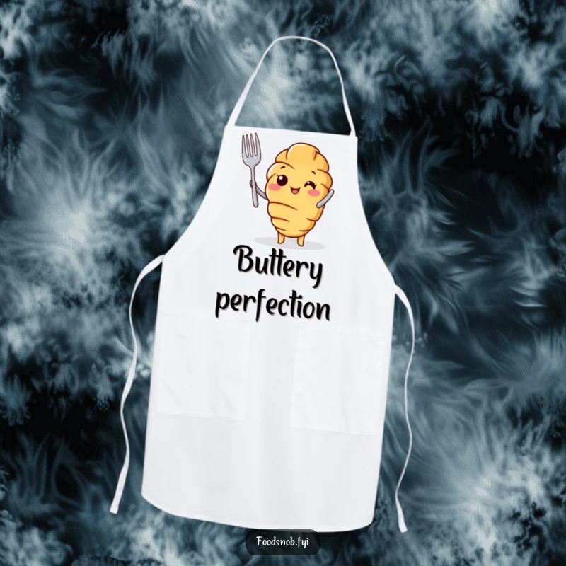 Funny Apron featuring a cheerful croissant character holding a tiny fork aloft, ready to bake with pride.