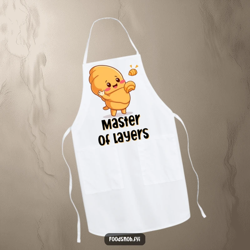 Funny apron with a cute, smiling croissant character dramatically gesturing to a tiny golden croissant, perfect for a humorous cooking experience.