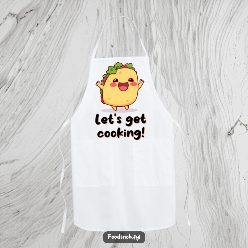 Funny apron depicting an excited taco doing a playful little hop upwards, perfect for stylish and humorous kitchen activities.