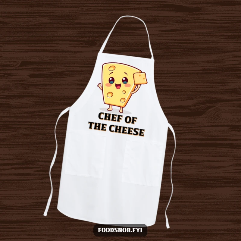Funny apron showcasing a cheerful cheese wedge character presenting a tiny cracker with a flourish, perfect for gourmet cooking.