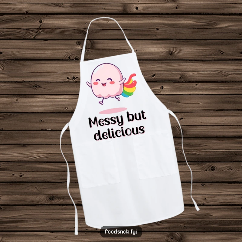 Funny jelly apron showcasing a wobbly character bouncing with joy, leaving a colorful trail, and bringing kitchen cheer.