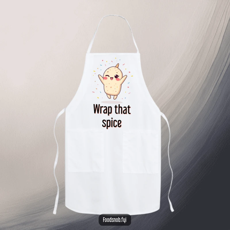 Funny Kawaii burrito apron, a winking burrito leaping upwards, showering confetti, perfect for cooking with humorous flair.