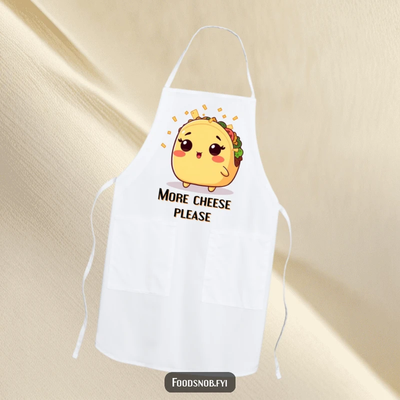 Funny apron depicting a surprised kawaii taco enjoying a gentle rain of cheese shreds, a humorous cooking accessory.