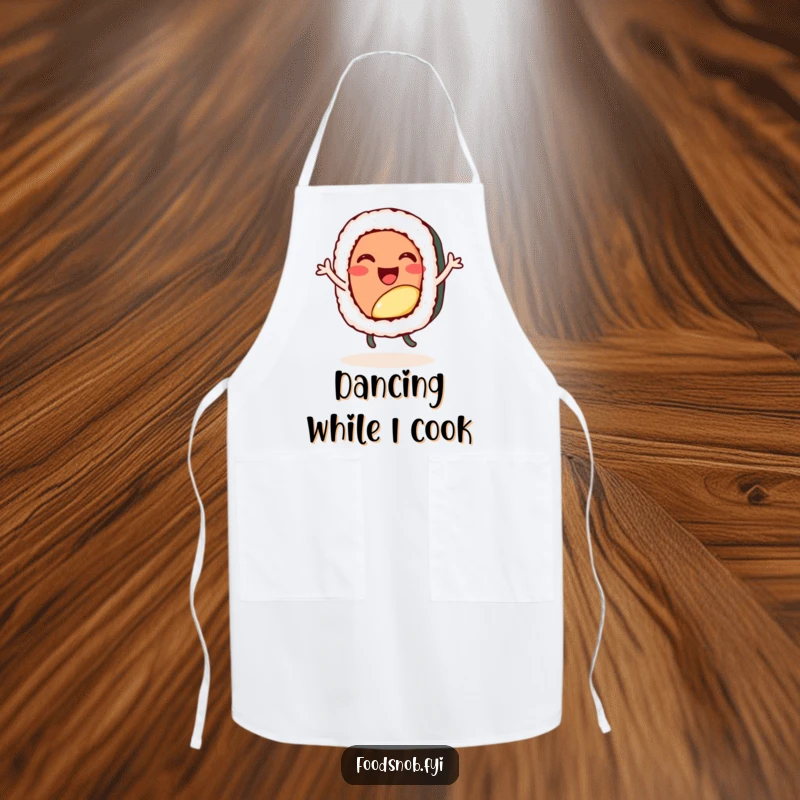Funny kitchen apron, a cheerful sushi roll character doing a happy little dance, perfect for cooking.