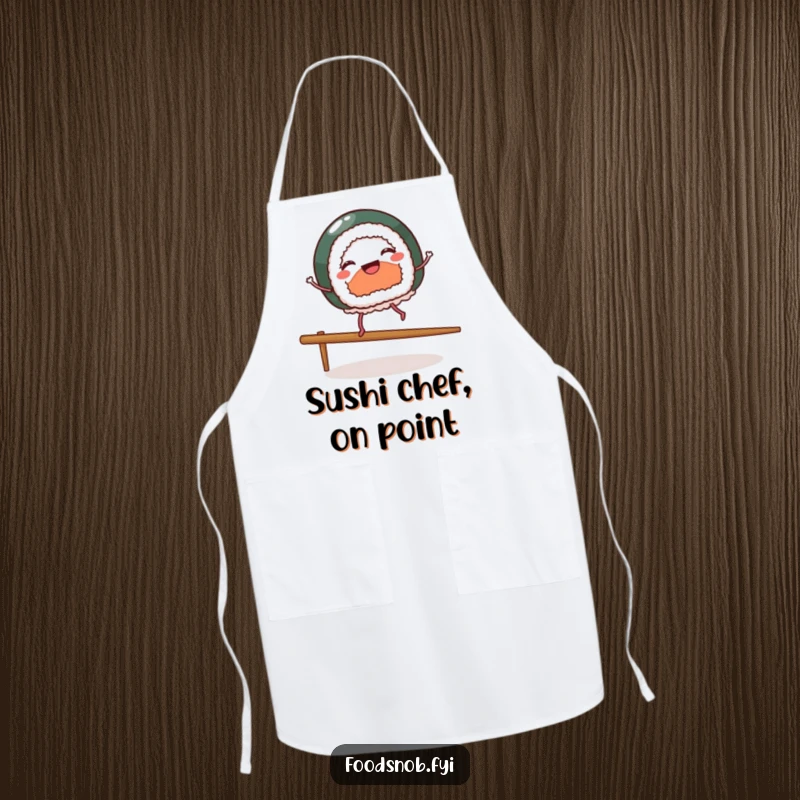 Funny apron showing a cheerful sushi piece with tiny legs dancing on a chopstick, adding playful humor to cooking and kitchen adventures.