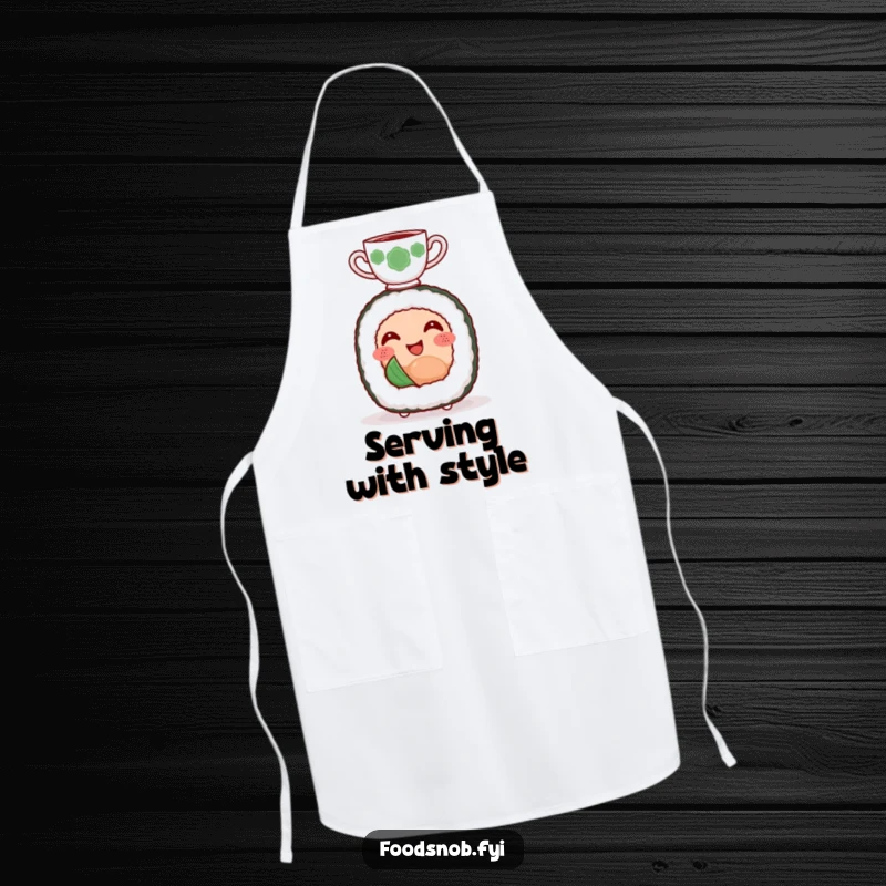 Funny apron depicting a smiling sushi roll character happily balancing a tiny teacup on its head.