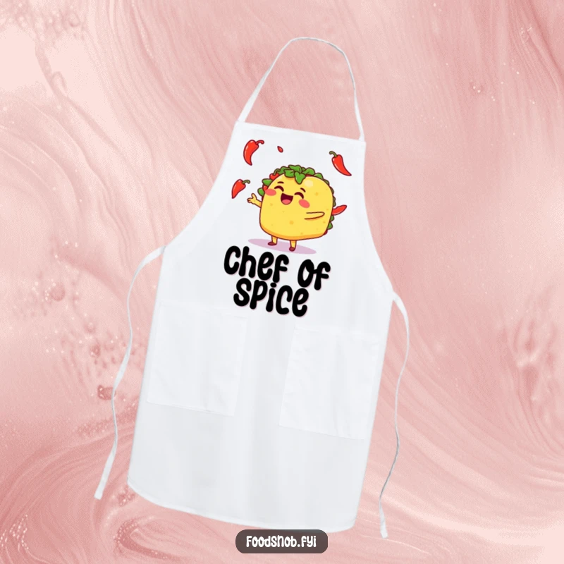Funny apron displaying a delighted taco character energetically juggling a bunch of spicy chili peppers while cooking.