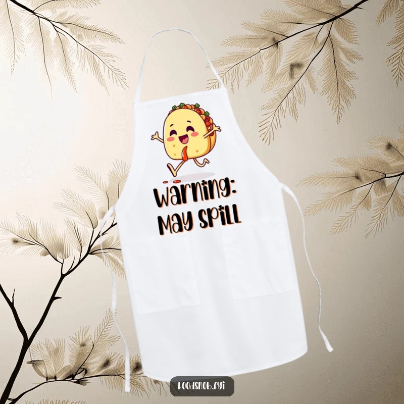 Funny apron depicting a happy taco character skipping with salsa, adding a touch of playful humor to cooking and baking.