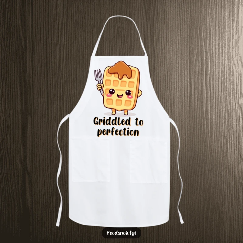 Funny apron showcasing a cheerful waffle character pointing upwards with a tiny fork, perfect for kitchen fun.