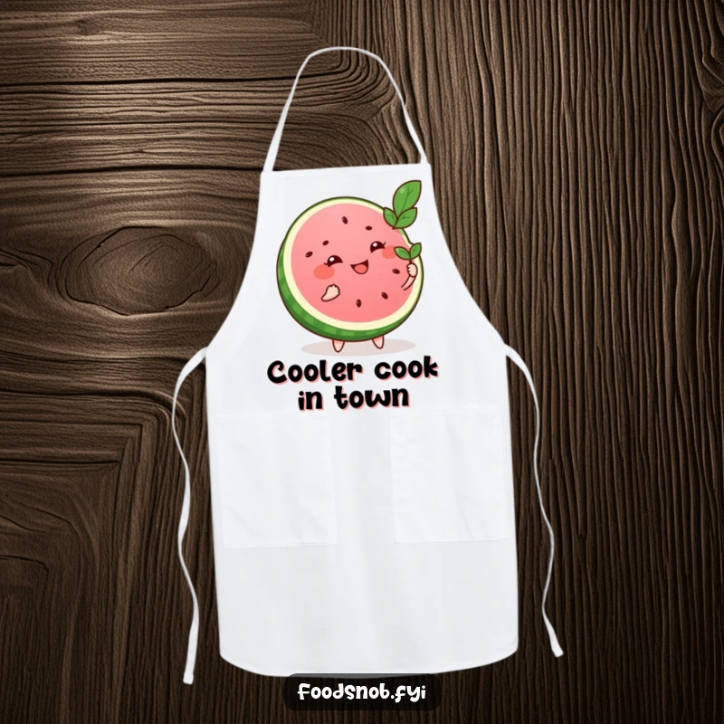Funny apron featuring a smiling watermelon slice character fanning itself with a leaf, perfect for adding humor to kitchen activities.