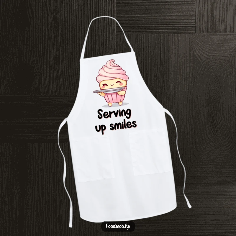 Funny apron with a winking cupcake character holding a small silver platter, adding kitchen charm. A delightful dessert accessory.