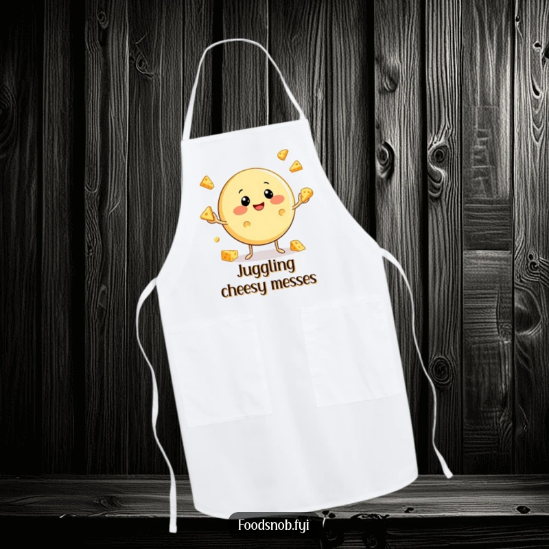 Funny Cheese Apron: A kitchen apron showcasing a smiling cheese character juggling small cheese wedges, perfect for playful cooking.