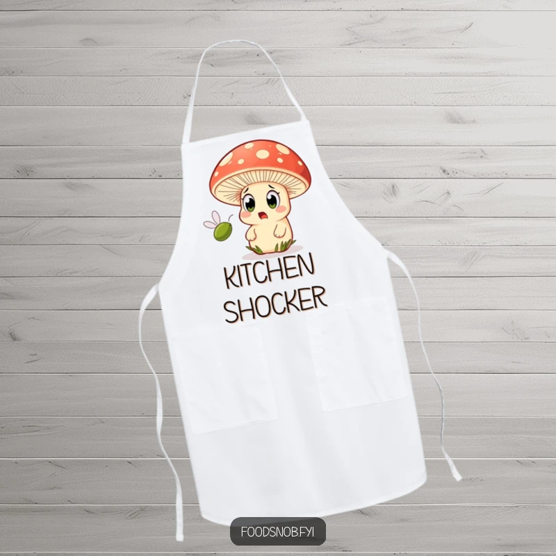 Funny apron with a surprised mushroom character with wide eyes, reacting to a tiny olive flying by.
