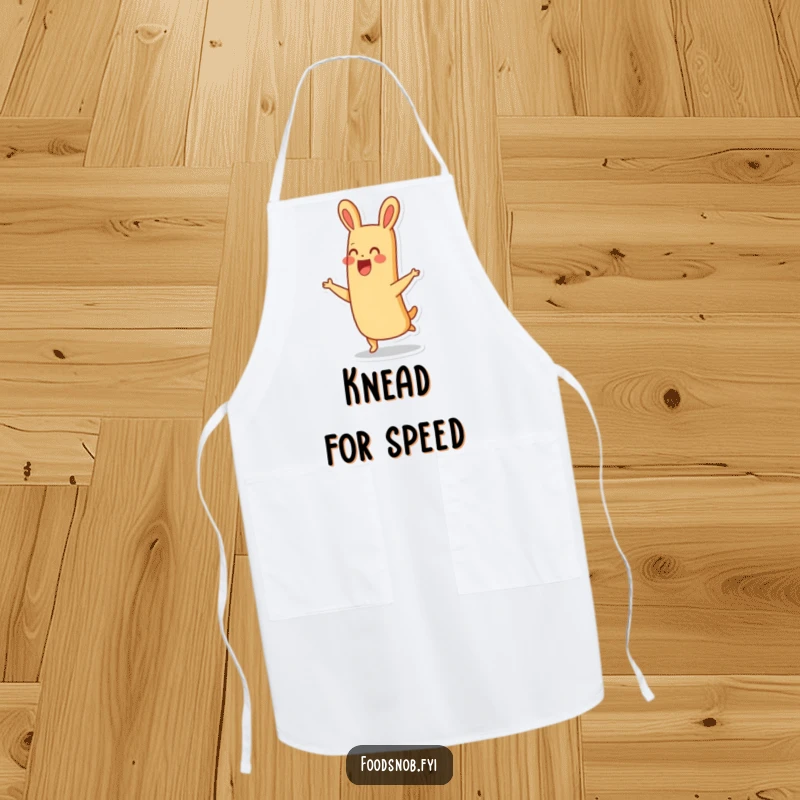 Funny thrilled baguette character joyfully hopping with a smile, adding cheerful humor to this practical kitchen apron.