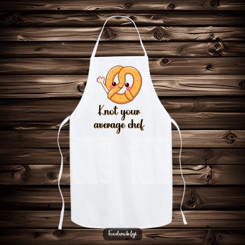 Funny pretzel apron depicting a cheerful pretzel character waving hello, ideal for chefs and bakers who enjoy humor.