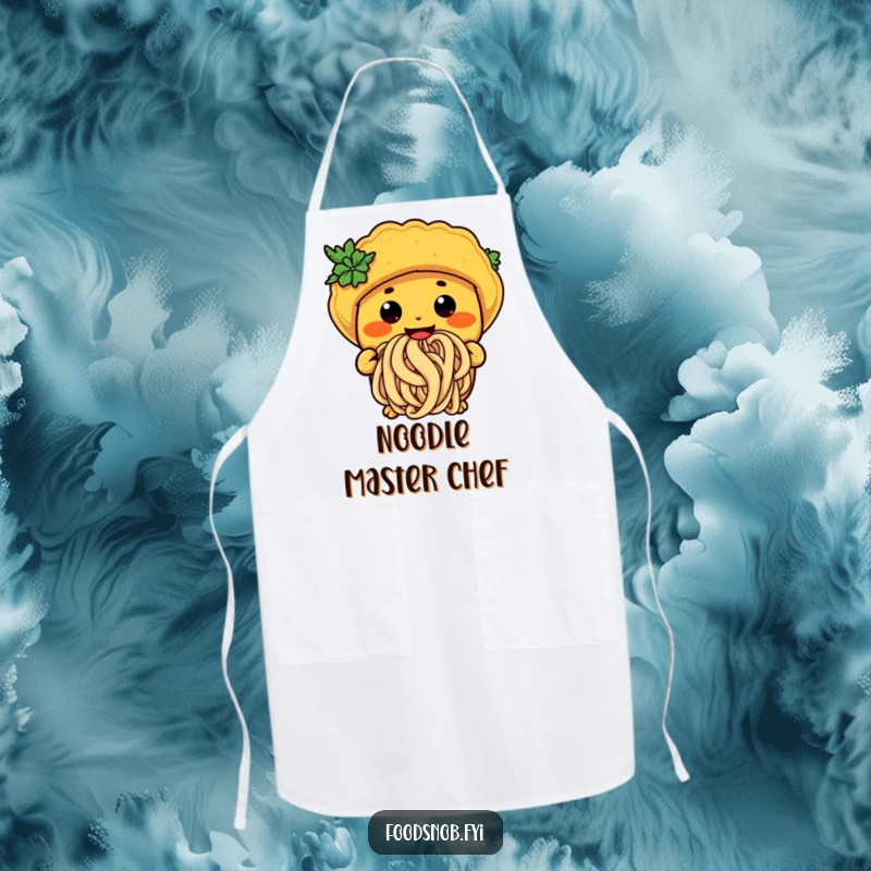 Funny taco noodle apron showing a character happily slurping a giant noodle, perfect for fun in the kitchen.