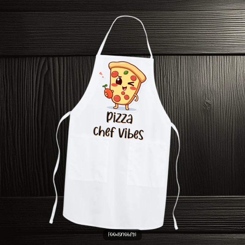 Funny apron showing a mischievous pizza slice character winking with a small pepperoncini, for kitchen activities.