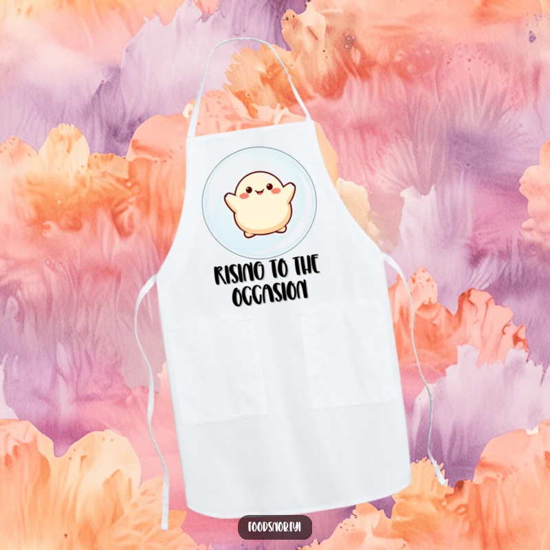 Funny apron depicting a happy dumpling character floating on a bubble, adding a touch of whimsical charm to kitchen activities.