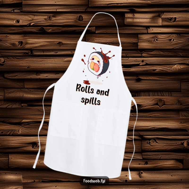Funny Sushi Roll Apron: A chef's apron with a cartwheeling sushi roll and splashing soy sauce, blending humor with kitchen practicality.