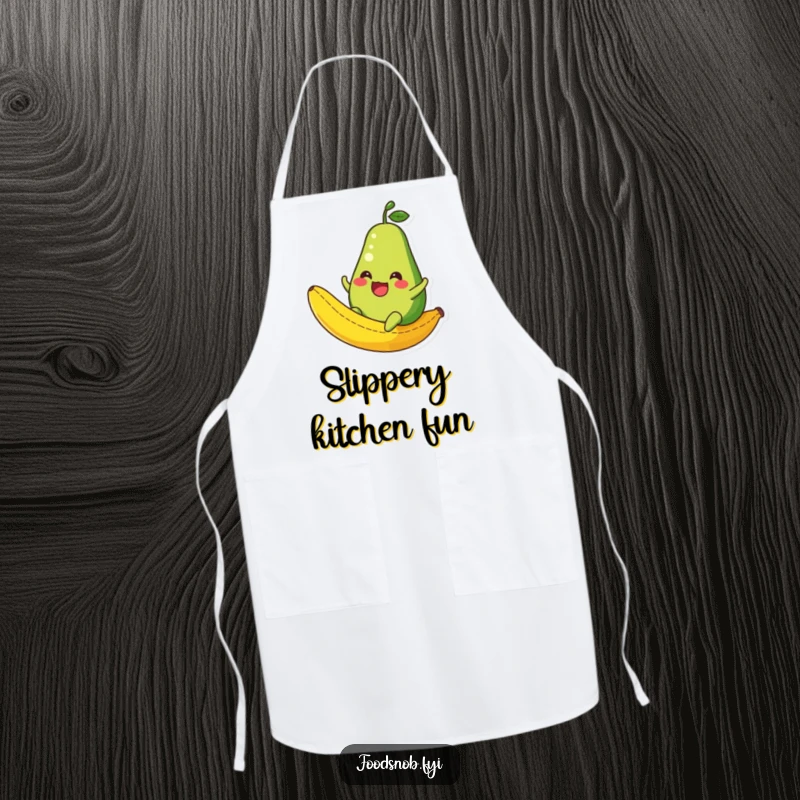 Funny Avocado Apron: A kitchen apron showcasing a laughing avocado character sliding down a banana peel, perfect for playful cooking.