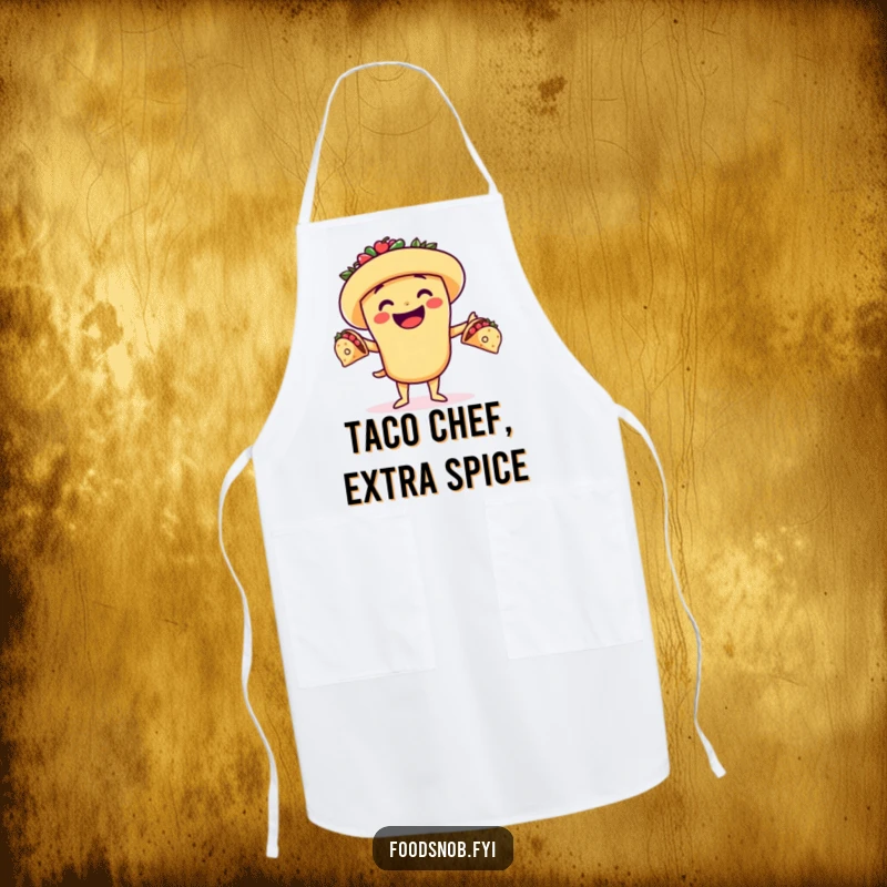 Funny apron showing a cheerful taco character juggling miniature tacos, adding playful humor to cooking and kitchen adventures.