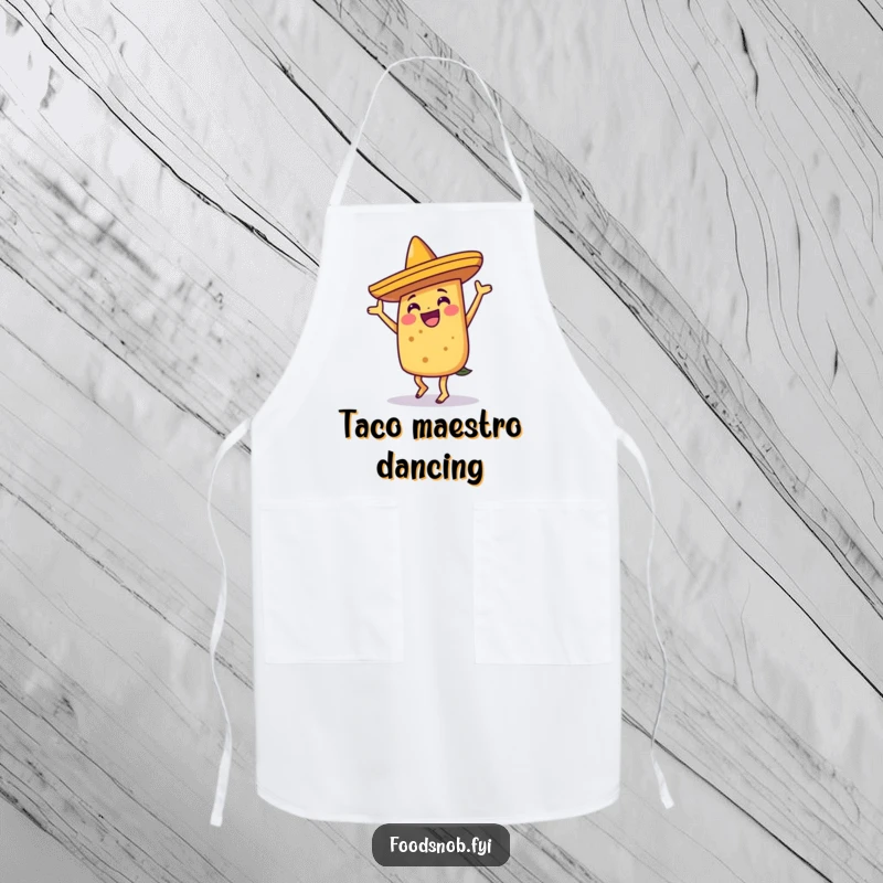 Funny joyful taco character dancing in a sombrero, adding festive humor to this practical kitchen apron.