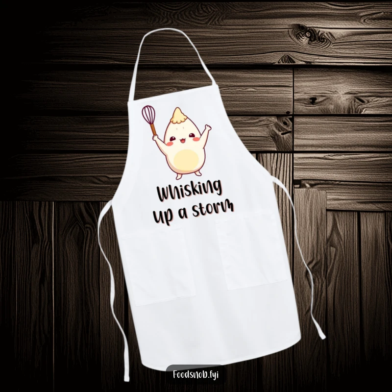 Funny burrito apron featuring a cheerful character triumphantly raising a tiny whisk, ready for kitchen adventures with a smile.