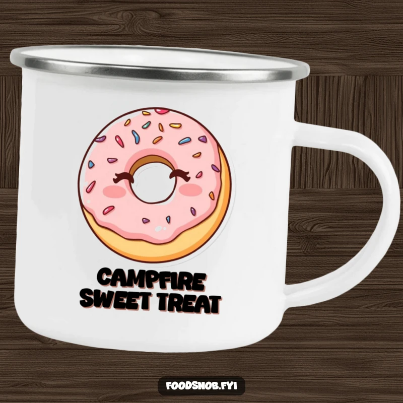 Funny camping mug with a happy donut with sprinkles winking cheekily, perfect for outdoor sips with a humorous dessert theme.