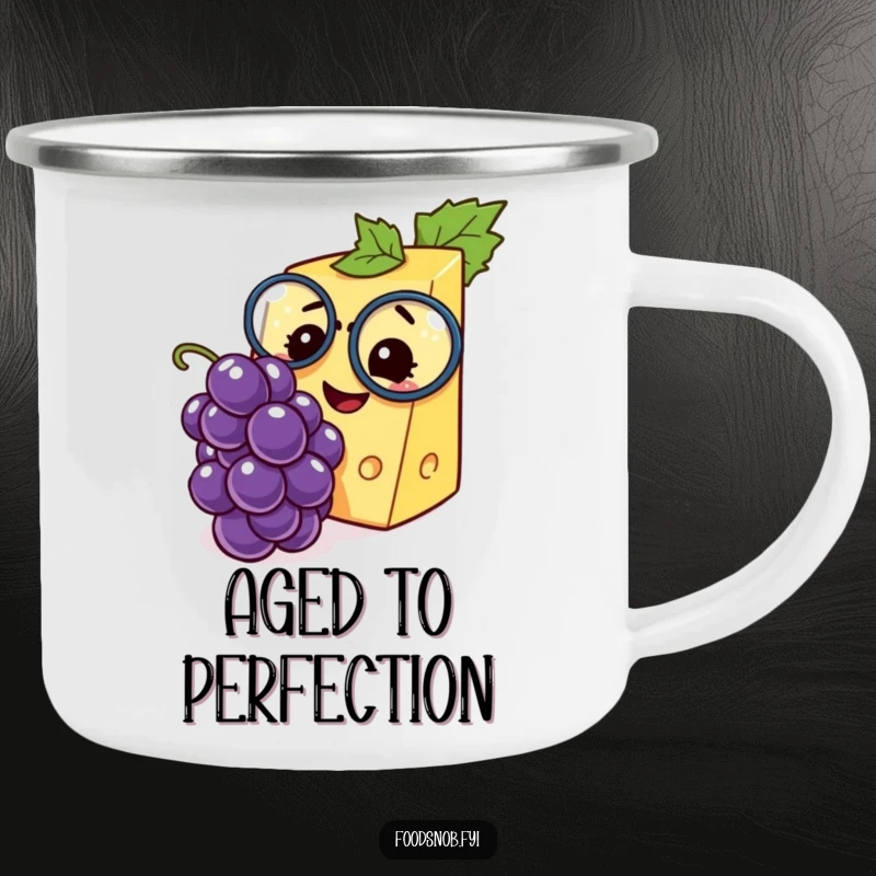 Funny enamel camping mug with a dapper cheese wedge inspecting a tiny grape, adding humor to outdoor adventures.