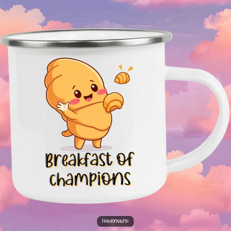 Funny camping mug with a cute, smiling croissant character dramatically gesturing to a tiny golden croissant, perfect for outdoor enjoyment.