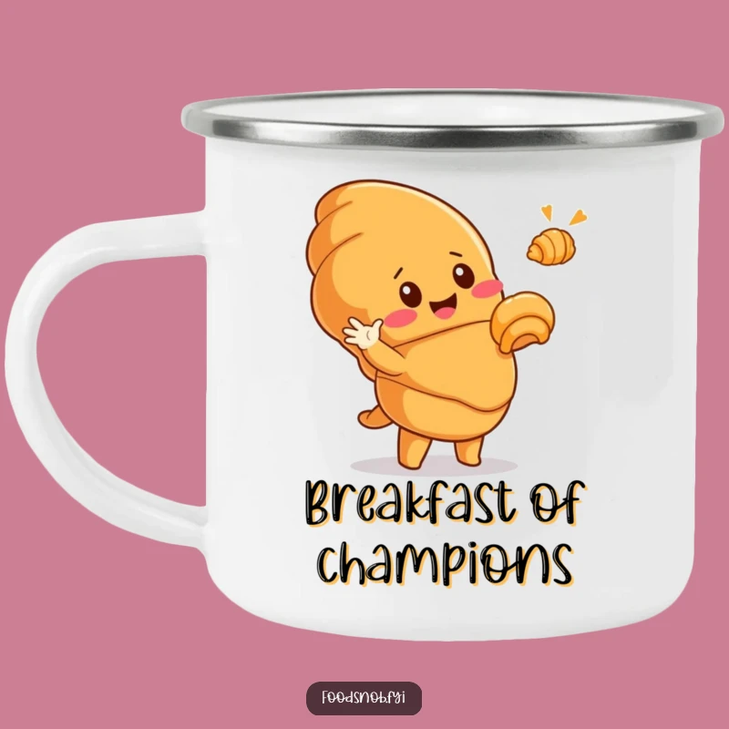 Funny Croissant Camping Mug: Cute Pastry Character Hilariously Gestures to Tiny Golden Croissant