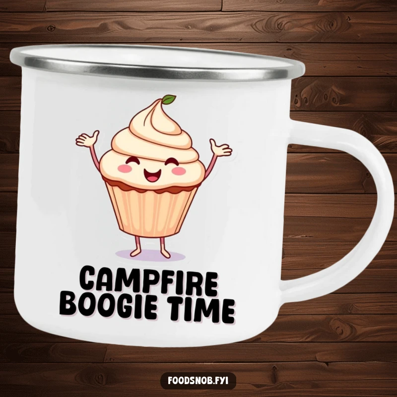 Funny Cupcake Camping Mug: A smiling cupcake dances with arms, ready for outdoor adventures with a sweet twist.