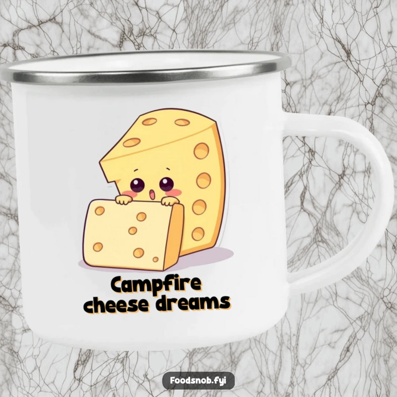 Funny enamel camping mug with a surprised cheese wedge character peering over an enormous fancy cracker, ideal for outdoor snack humor.
