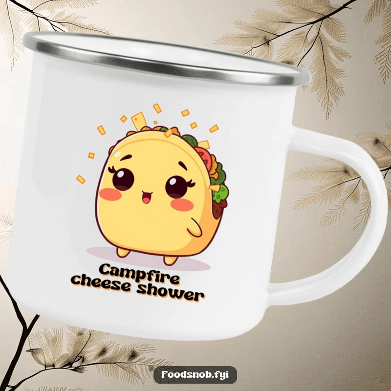 Funny camping mug with a surprised kawaii taco getting a cheesy shower, perfect for outdoor adventures and humorous moments.